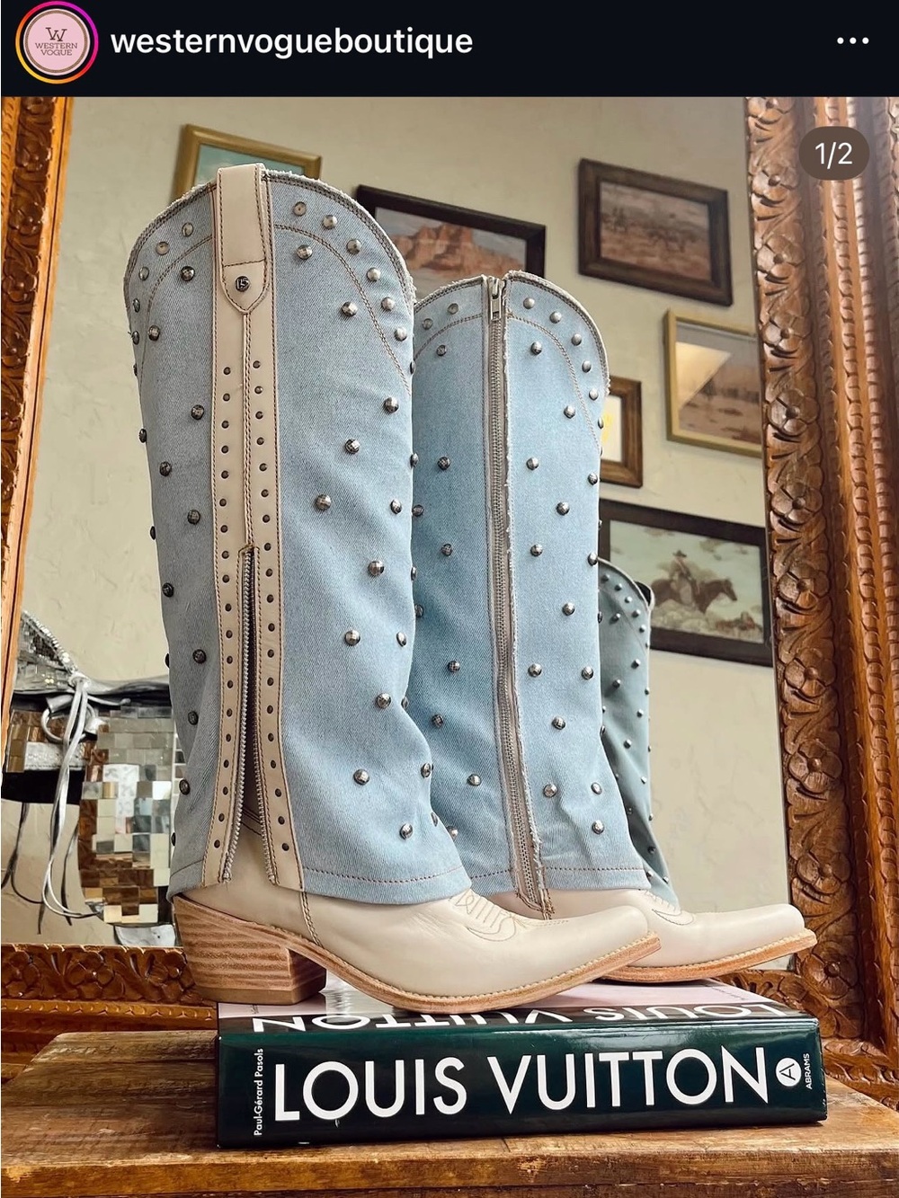 LIBERTY Black Denim Studded Western Boots